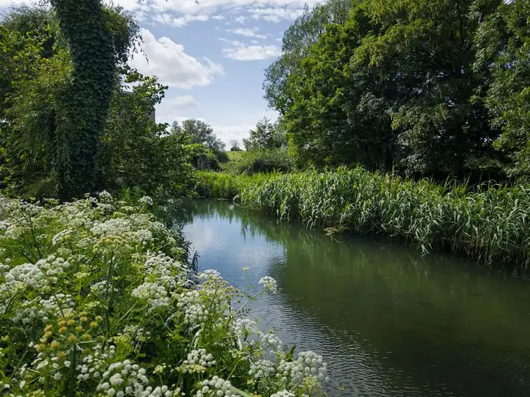 Clear shallow stream running through green countryside, the kind of chalk stream fed by the aquifer under Hertfordshire