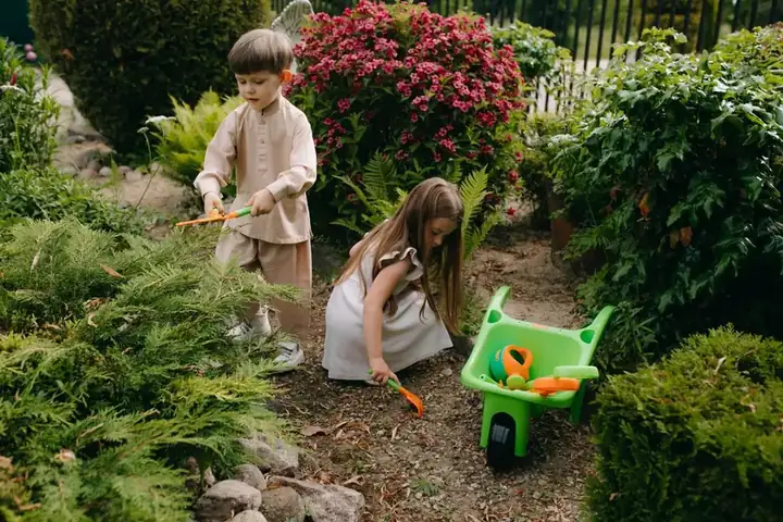 Two young children digging with small tools and a toy wheelbarrow beside a garden border