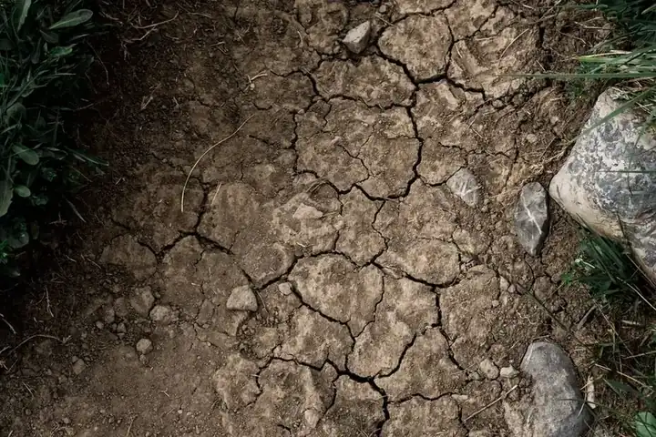 Clay soil cracked into plates by summer drought, with flint stones along the border edge