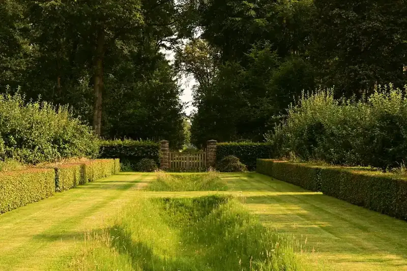 Grass walk between tall clipped hedges with a wooden gate at the far end, framed by mature trees