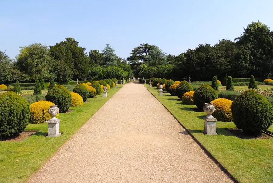 Pleached tree avenue with daffodil underplanting leading through a formal garden