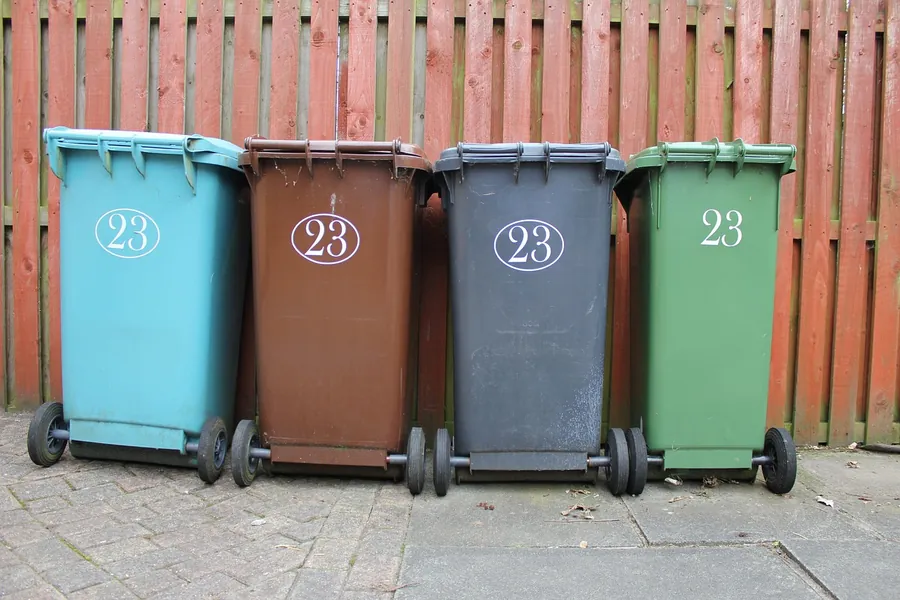 Four wheelie bins in blue, brown, grey and green lined up against a timber fence