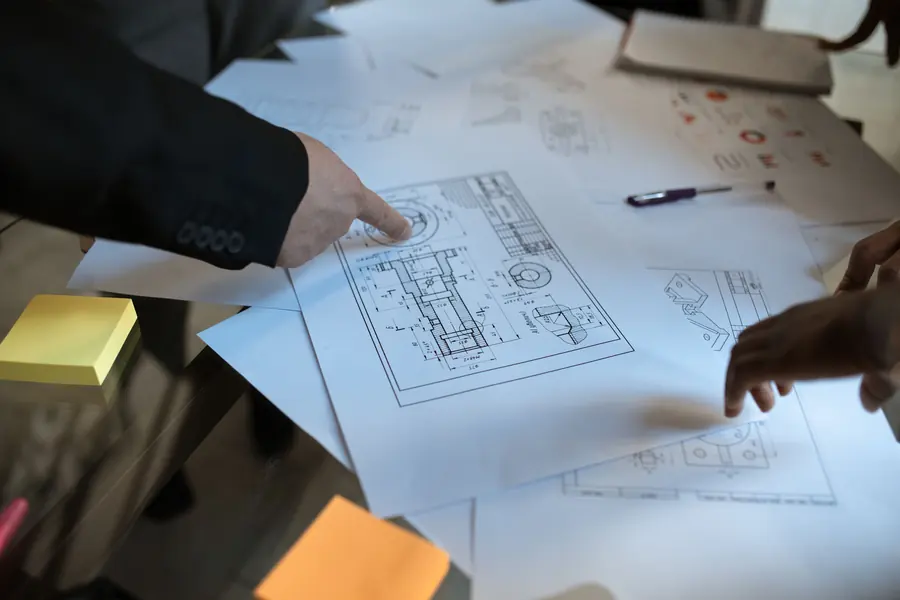 Two people reviewing garden design drawings and plans across a desk