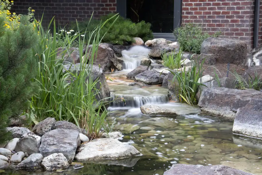 Rocky stream running through planted garden banks beside a brick house