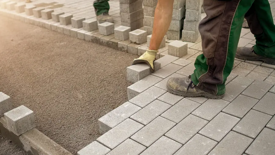 Worker laying grey concrete block pavers by hand onto a levelled sand bed