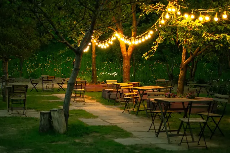 Garden dining area at dusk under festoon lighting strung between mature trees