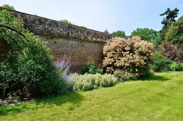 Deep shrub and perennial border running along an old brick garden wall